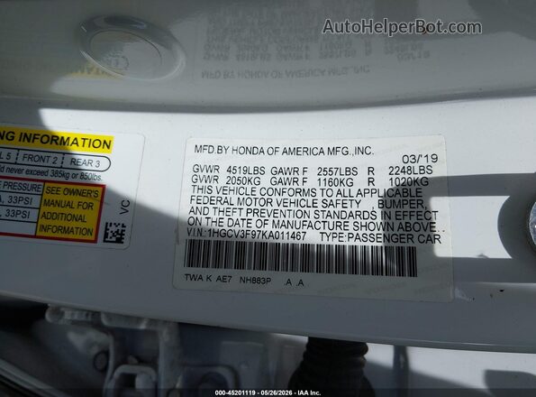 1HGCV3F97KA011467 2019 HONDA ACCORD White Engine compartment view