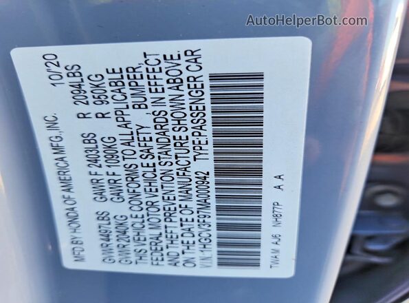 1HGCV3F97MA000942 2021 HONDA ACCORD Серый 
