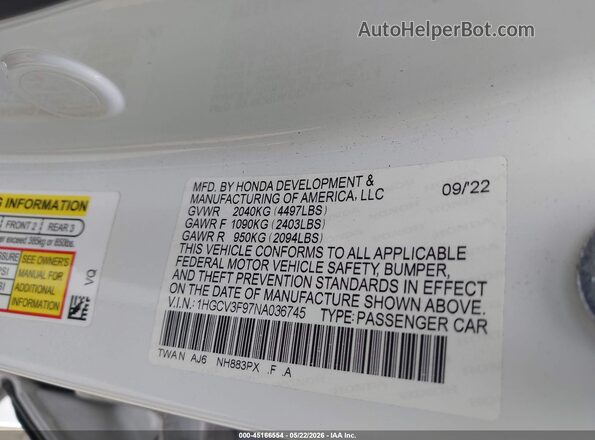 1HGCV3F97NA036745 2022 HONDA ACCORD HYBRID White ძრავის განყოფილების ხედი