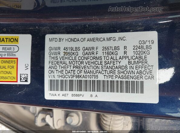 1HGCV3F98KA010795 2019 HONDA ACCORD Dark Blue Vista del compartimento del motor