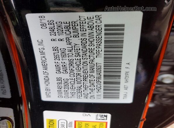 1HGCV3F99JA009377 2018 HONDA ACCORD Black 