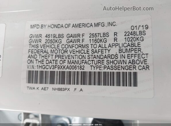 1HGCV3F9XKA006182 2019 HONDA ACCORD HYBRID White 