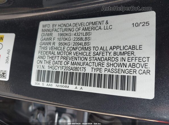 1HGCY1F20SA080175 2025 HONDA ACCORD Gray Widok komory silnika