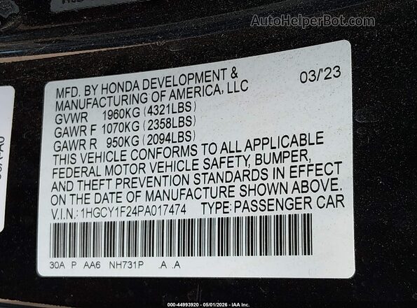 1HGCY1F24PA017474 2023 HONDA ACCORD Black Widok komory silnika