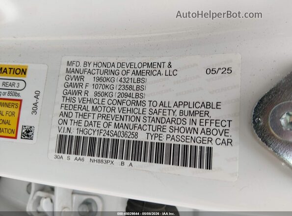 1HGCY1F24SA036258 2025 HONDA ACCORD White 
