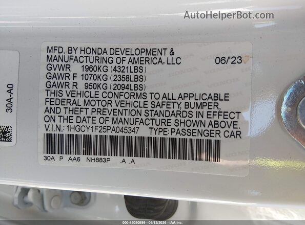 1HGCY1F25PA045347 2023 HONDA ACCORD White ძრავის განყოფილების ხედი