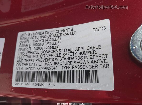 1HGCY1F27PA027643 2023 HONDA ACCORD Red Widok komory silnika