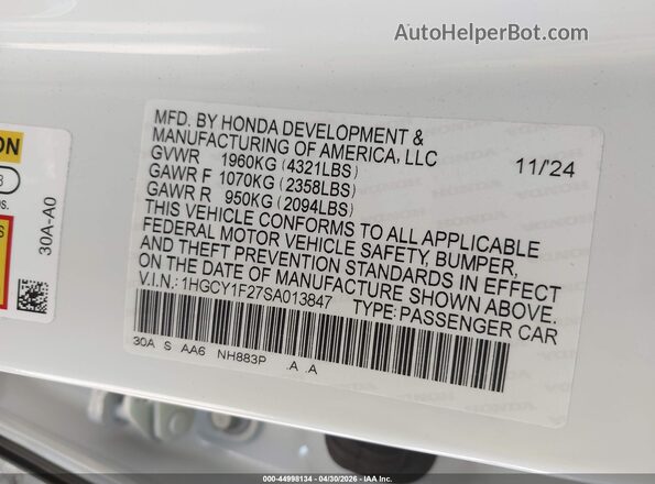 1HGCY1F27SA013847 2025 HONDA ACCORD White 