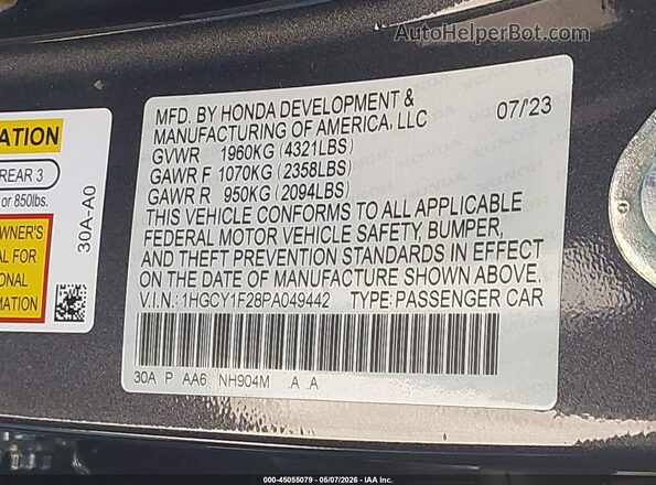 1HGCY1F28PA049442 2023 HONDA ACCORD Серый 