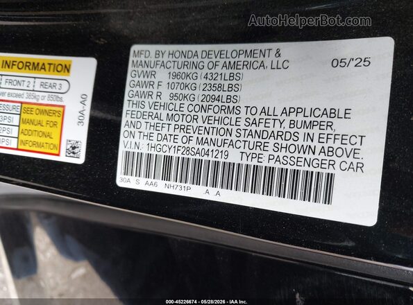 1HGCY1F28SA041219 2025 HONDA ACCORD Черный Вид подкапотного пространства