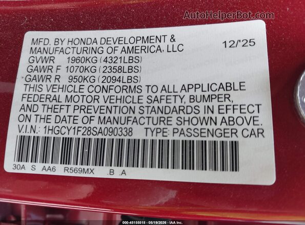 1HGCY1F28SA090338 2025 HONDA ACCORD Red Вид підкапотного простору