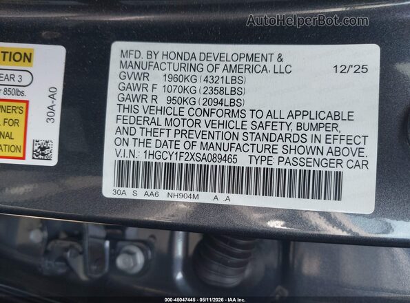 1HGCY1F2XSA089465 2025 HONDA ACCORD Серый 