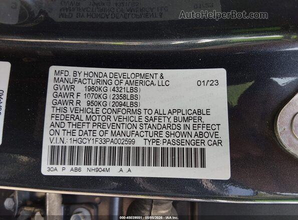 1HGCY1F33PA002599 2023 HONDA ACCORD Gray Շարժիչի բաժամունքի տեսք