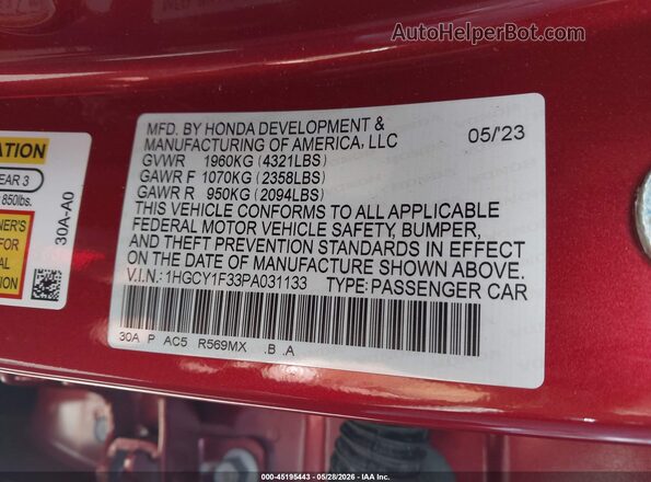1HGCY1F33PA031133 2023 HONDA ACCORD Red Widok komory silnika