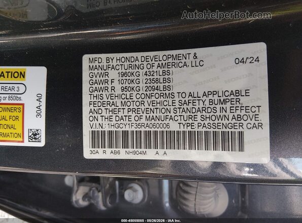 1HGCY1F35RA060006 2024 HONDA ACCORD Gray Շարժիչի բաժամունքի տեսք