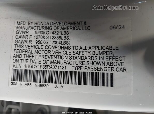 1HGCY1F35RA071121 2024 HONDA ACCORD White Vista del compartimento del motor