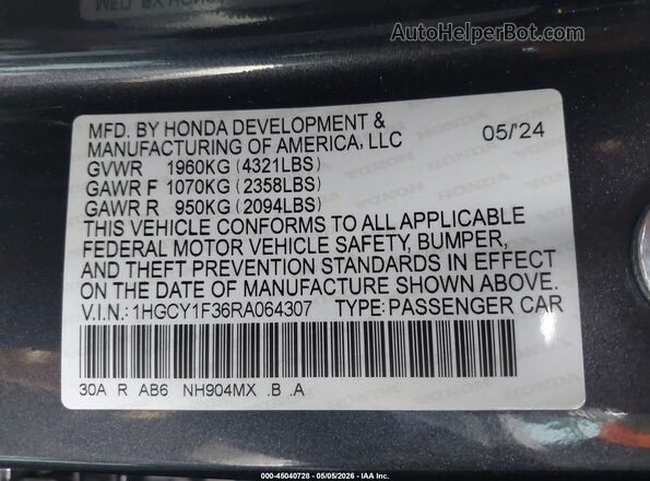 1HGCY1F36RA064307 2024 HONDA ACCORD Gray 