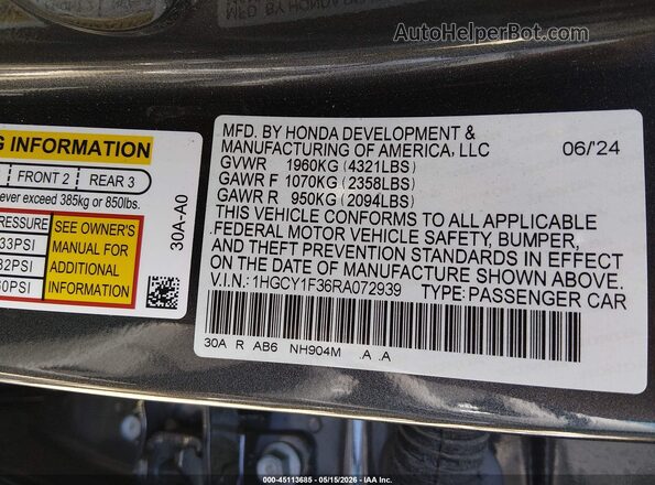 1HGCY1F36RA072939 2024 HONDA ACCORD Серый Вид подкапотного пространства