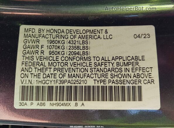 1HGCY1F39PA025210 2023 HONDA ACCORD Gray Widok komory silnika