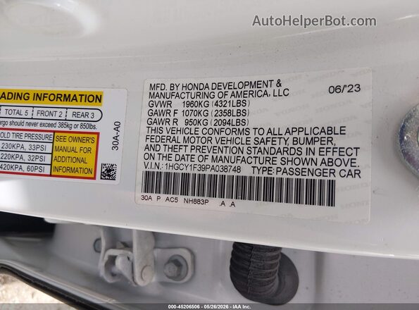 1HGCY1F39PA038748 2023 HONDA ACCORD White Շարժիչի բաժամունքի տեսք