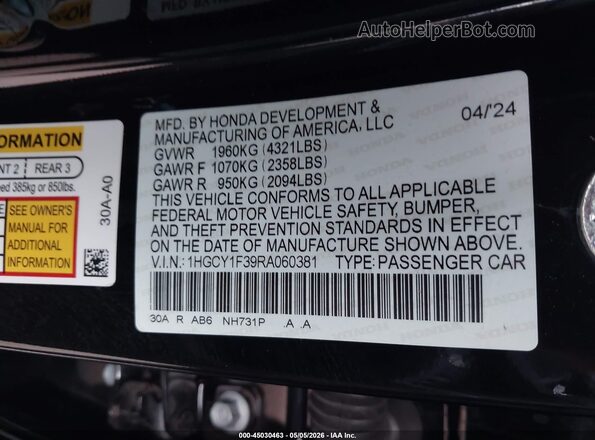 1HGCY1F39RA060381 2024 HONDA ACCORD Black Շարժիչի բաժամունքի տեսք