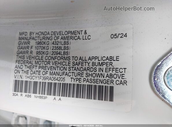 1HGCY1F39RA064205 2024 HONDA ACCORD White Շարժիչի բաժամունքի տեսք
