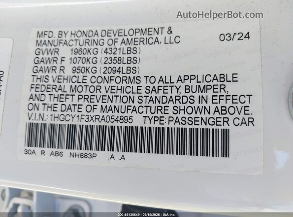 1HGCY1F3XRA054895 2024 HONDA ACCORD White Вид підкапотного простору