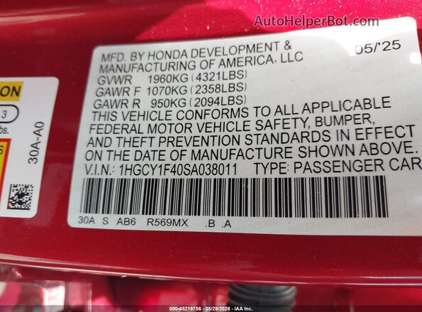 1HGCY1F40SA038011 2025 HONDA ACCORD Red Vista del compartimento del motor