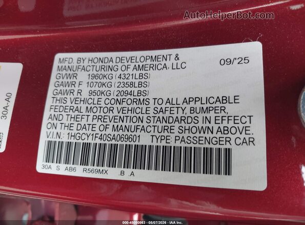 1HGCY1F40SA069601 2025 HONDA ACCORD Red Вид підкапотного простору