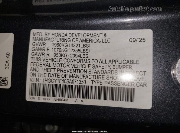 1HGCY1F40SA071350 2025 HONDA ACCORD Gray ძრავის განყოფილების ხედი