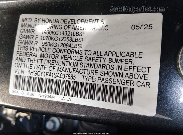 1HGCY1F41SA037885 2025 HONDA ACCORD Серый Вид подкапотного пространства