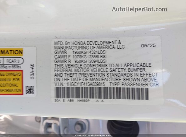 1HGCY1F41SA039815 2025 HONDA ACCORD White Вид підкапотного простору