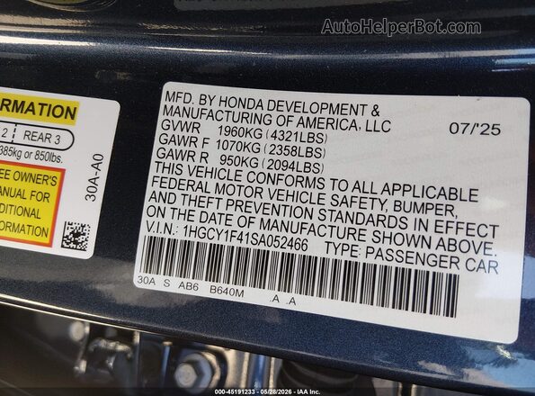 1HGCY1F41SA052466 2025 HONDA ACCORD Dark Blue ძრავის განყოფილების ხედი