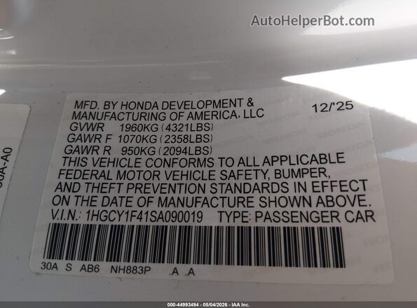 1HGCY1F41SA090019 2025 HONDA ACCORD White Vista del compartimento del motor