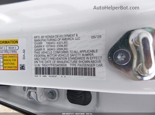 1HGCY1F42SA036938 2025 HONDA ACCORD White Engine compartment view
