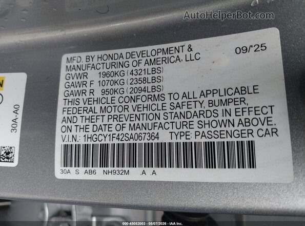 1HGCY1F42SA067364 2025 HONDA ACCORD Silver Շարժիչի բաժամունքի տեսք