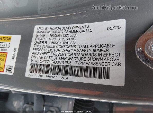 1HGCY1F43SA041016 2025 HONDA ACCORD Gray Շարժիչի բաժամունքի տեսք