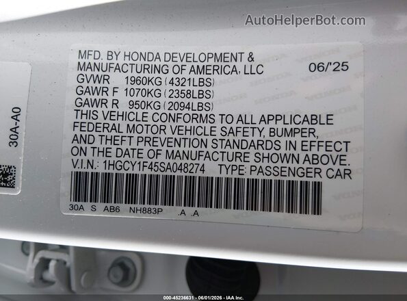1HGCY1F45SA048274 2025 HONDA ACCORD White Widok komory silnika