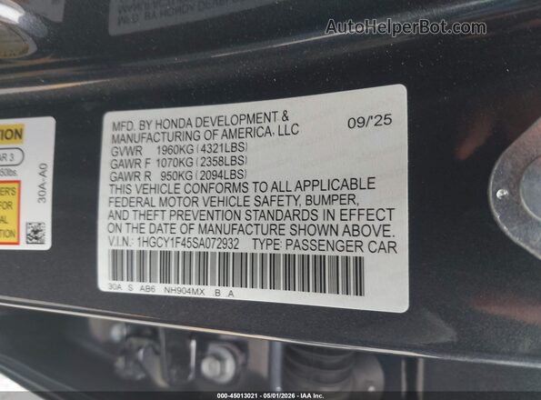 1HGCY1F45SA072932 2025 HONDA ACCORD Gray 