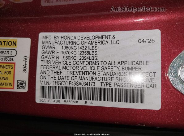 1HGCY1F46SA034173 2025 HONDA ACCORD Темно-бордовый Вид подкапотного пространства