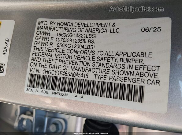 1HGCY1F46SA045416 2025 HONDA ACCORD Серебряный Вид подкапотного пространства
