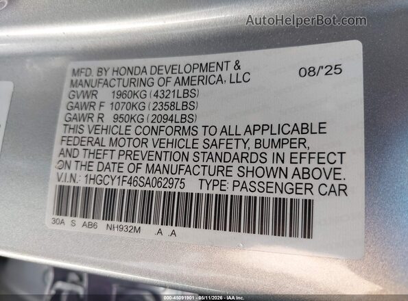 1HGCY1F46SA062975 2025 HONDA ACCORD Gray Вид підкапотного простору