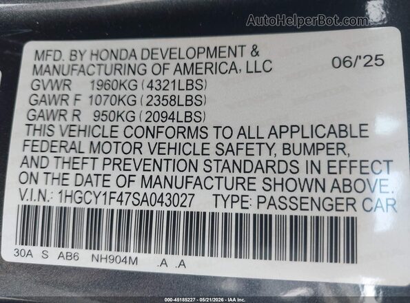 1HGCY1F47SA043027 2025 HONDA ACCORD Gray Widok komory silnika