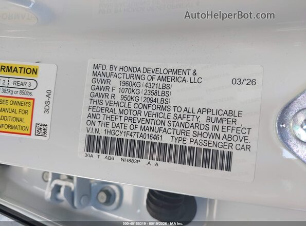 1HGCY1F47TA016461 2026 HONDA ACCORD Белый Вид подкапотного пространства