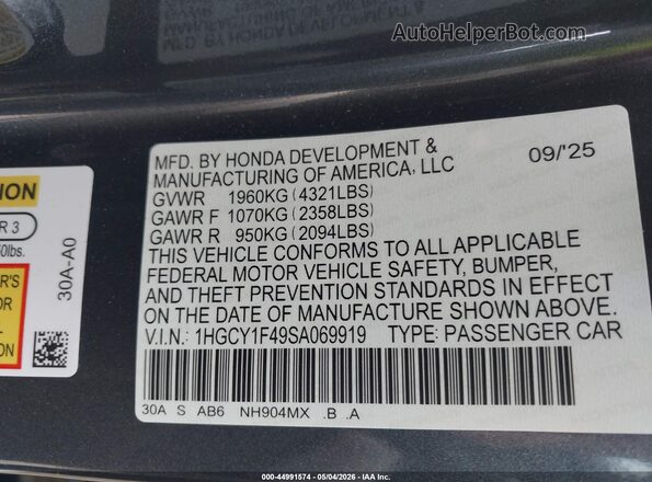 1HGCY1F49SA069919 2025 HONDA ACCORD Серый Вид подкапотного пространства