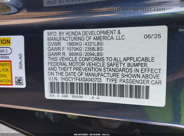 1HGCY1F4XSA043703 2025 HONDA ACCORD Blue Engine compartment view