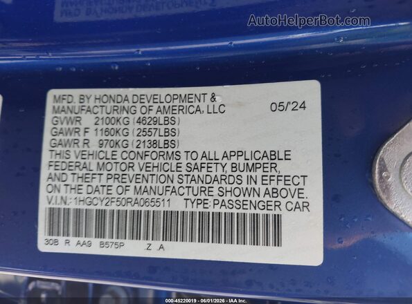 1HGCY2F50RA065511 2024 HONDA ACCORD Blue ძრავის განყოფილების ხედი