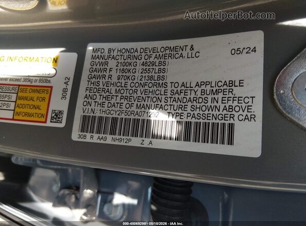 1HGCY2F50RA071292 2024 HONDA ACCORD Gray Շարժիչի բաժամունքի տեսք
