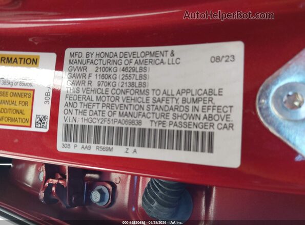 1HGCY2F51PA069838 2023 HONDA ACCORD Red Շարժիչի բաժամունքի տեսք