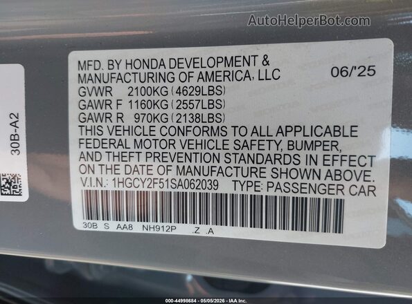 1HGCY2F51SA062039 2025 HONDA ACCORD HYBRID Серый 